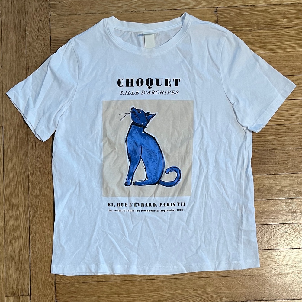H&M White Tee with Blue Cat Graphic